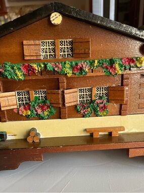 1950’s Musical Jewelry Box Handcrafted Wooden Chalet with Floral Window Boxes